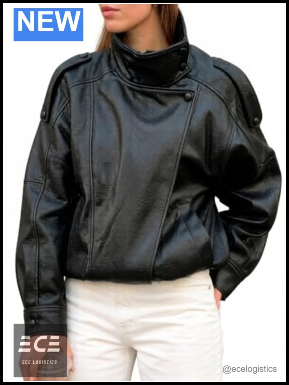 Faux Leather Jacket Stand Collar Oversized Loose Fit Women's Coat Long Sleeve